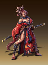  10s 1girl absurdres animal_ears bare_shoulders breasts brown_hair cat_ears cat_tail cleavage final_fantasy final_fantasy_xiv full_body streaked_hair highres huge_breasts japanese_clothes katana kimono long_hair looking_at_viewer multicolored_hair ponytail samurai solo source_request standing sword tail weapon white_hair yellow_eyes  rating:Questionable score:31 user:Alkaid_The_Empress_