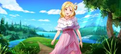  1girl :3 :d absurdres arms_at_sides belt blonde_hair blouse blue_sky blush braid cloud commentary crown_braid day english_commentary gem grass hair_rings head_tilt highres hill jewelry light_rays long_skirt looking_at_viewer love_live! love_live!_sunshine!! medium_hair mountainous_horizon necklace off-shoulder_shirt off_shoulder ohara_mari open_mouth path pink_skirt purple_gemstone river road scenery shirt shirt_tucked_in short_sleeves single_bang skirt sky smile solo tree tsumikiy wavy_hair white_shirt 