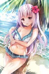  1girl :p bare_arms bare_shoulders beach bikini bikini_tan blue_sky blurry blurry_foreground blush breasts closed_mouth cloud cloudy_sky collarbone commentary_request day depth_of_field flower frilled_bikini frills hair_between_eyes hair_flower hair_ornament hairclip head_tilt highres hisama_kumako horizon long_hair looking_at_viewer medium_breasts navel ocean original outdoors palm_tree pulled_by_self red_eyes red_flower sand silver_hair sky smile solo standing strap_pull striped_bikini striped_clothes swimsuit tan tanline tongue tongue_out tree very_long_hair water  rating:Sensitive score:10 user:danbooru