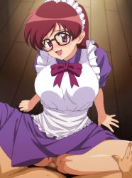  1boy 1girl absurdres ai_yori_aoshi apron blush breasts brown_hair censored clothed_female_nude_male clothed_sex female_pubic_hair glasses highres large_breasts long_hair maid maid_headdress male_pubic_hair minazuki_taeko mosaic_censoring no_panties nude open_mouth penis ponytail pov pubic_hair smile unknown_showhey white_apron 