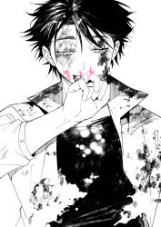  1boy black_hair blood blood_on_clothes blood_on_face highres jewelry jujutsu_kaisen male_focus monochrome okkotsu_yuuta ring s_o_i simple_background solo upper_body wedding_ring white_background 
