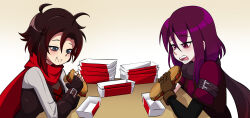  2girls arm_strap bags_under_eyes bmkro brown_gloves brown_hair cape character_request chewing closed_mouth commentary commission eating english_commentary fingerless_gloves food food_on_face gloves grey_eyes highres holding holding_food holding_sandwich messy_hair multiple_girls open_mouth purple_eyes purple_hair red_cape ruby_rose rwby sandwiched short_hair simple_background submarine_sandwich table white_background  rating:General score:3 user:danbooru