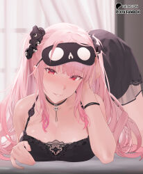  1girl absurdres all_fours bare_shoulders black_choker black_dress black_nightgown blush breasts choker cleavage curtains dress elbow_rest hair_ornament hair_scrunchie highres hololive hololive_english kirachamo large_breasts long_hair looking_at_viewer mask mask_on_head mori_calliope mori_calliope_(sleepwear) nightgown official_alternate_costume paid_reward_available parted_lips patreon_logo pink_hair red_eyes scrunchie skull sleep_mask sleepwear solo spaghetti_strap top-down_bottom-up twintails very_long_hair virtual_youtuber window 