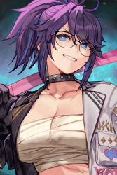  1girl bandaged_chest black-framed_eyewear black_collar black_jacket breasts collar collarbone delinquent glass high_ponytail holding holding_sword holding_weapon hungry_clicker jacket kson large_breasts medium_hair multicolored_clothes multicolored_jacket over_shoulder purple_hair sarashi smirk solo souchou spiked_collar spikes sword sword_over_shoulder upper_body vshojo weapon weapon_over_shoulder white_jacket wooden_sword 