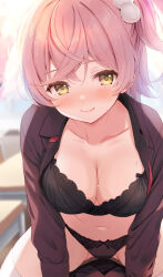  1girl 1other black_bra black_jacket black_panties blazer blurry blurry_background blush bra breasts cleavage collarbone commentary_request curtains day desk girl_on_top gluteal_fold hair_ornament highres indoors jacket komone_ushio long_sleeves looking_at_viewer medium_breasts navel no_shirt open_clothes open_jacket original panties pink_hair pom_pom_(clothes) pov sakurase_akari school_desk short_hair side_ponytail solo_focus stomach straddling sweatdrop thighhighs underwear uniform white_thighhighs window yellow_eyes 