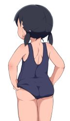 1girl ass black_hair bubukka from_behind loli marui_hitoha mitsudomoe one-piece_swimsuit short_hair short_twintails simple_background solo swimsuit twintails white_background rating:Sensitive score:121 user:danbooru