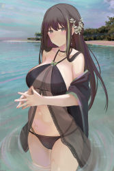  1girl alternate_breast_size bikini black_bikini black_hair blush breasts collarbone cowboy_shot girls&#039;_frontline green_eyes hair_between_eyes halterneck heart heart-shaped_pupils highres large_breasts long_hair looking_at_viewer m4a1_(girls&#039;_frontline) multicolored_hair navel o-ring o-ring_bikini outdoors own_hands_together partially_submerged ru_zhai solo streaked_hair swimsuit symbol-shaped_pupils two-tone_hair wading water  rating:Sensitive score:36 user:danbooru