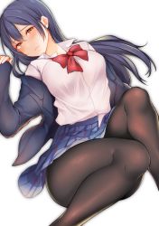 1girl bad_id bad_pixiv_id black_pantyhose blazer blue_hair blush bow bowtie closed_mouth commentary_request dress_shirt feet_out_of_frame hair_between_eyes highres jacket long_hair long_sleeves looking_at_viewer love_live! love_live!_school_idol_project open_clothes otonokizaka_school_uniform pantyhose plaid plaid_skirt pleated_skirt red_bow red_bowtie school_uniform shirt simple_background skirt solo sonoda_umi striped_bow striped_bowtie striped_clothes striped_neckwear white_background white_shirt yellow_eyes yumari_nakura rating:Sensitive score:14 user:danbooru