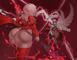  1boy 1girl armor ass calamitas calamity_mod colored_skin demon_girl english_text from_behind grey_skin horns huge_ass leotard looking_at_another ourobot red_leotard red_thighhighs terraria thick_thighs thighhighs thighs white_hair wide_hips wings  rating:Sensitive score:43 user:Cubone44