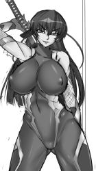00s 1girl bare_shoulders bodysuit breasts female_focus igawa_asagi large_breasts lilith-soft long_hair monochrome r-wade solo sword taimanin_(series) taimanin_asagi weapon white_background rating:Questionable score:37 user:jojosstand