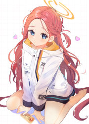  1girl absurdres barefoot between_legs blue_archive blue_eyes blush bow braid closed_mouth forehead full_body furrowed_brow grid_background hair_bow halo hand_between_legs heart highres hood hooded_jacket jacket long_hair long_sleeves looking_to_the_side multiple_hair_bows orange_halo red_hair shishiodoshi side_braid sitting solo ticket very_long_hair wariza wavy_hair white_background white_bow white_jacket yuzu_(blue_archive) 