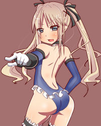 1girl ass back bare_shoulders blonde_hair blue_eyes blush dead_or_alive dead_or_alive_5 detached_collar fang female_focus frills from_behind gloves hair_ribbon leotard long_hair looking_at_viewer marie_rose nabeshima_ryo open_mouth pointing ribbon solo tecmo thighhighs twintails rating:Questionable score:55 user:armorcrystal