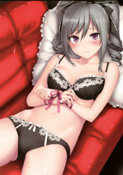  10s 1girl 3: absurdres bare_arms bare_shoulders bdsm black_bra black_panties blush bondage bound bound_wrists bow bow_panties bra breasts character_name cleavage closed_mouth couch cowboy_shot drill_hair frilled_bra frilled_pillow frills frown hair_bow highres idolmaster idolmaster_cinderella_girls kanzaki_ranko lingerie long_hair looking_at_viewer lying medium_breasts navel on_back on_couch page_number panties pillow pink_lips purple_eyes red_eyes ribbon solo spread_legs star_(symbol) stomach tanaka_shoutarou twin_drills twintails underwear underwear_only white_bow wrist_ribbon  rating:Questionable score:82 user:danbooru