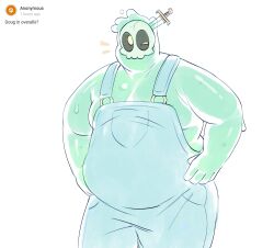  1boy alternate_costume bara big_belly colored_skin cowboy_shot doug_(monster_prom) fat fat_man green_skin hand_on_own_hip happy_aura highres large_pectorals male_focus monster_boy monster_prom nifast_(greentail) object_through_head one_eye_closed overalls pale_color pectorals see-through short_shorts shorts sidepec slime_boy solo sword_in_head tareme 