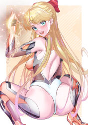  1girl absurdres aino_minako arion_canvas ass bishoujo_senshi_sailor_moon blonde_hair blue_eyes bodysuit bow breasts chain highres large_breasts long_hair looking_at_viewer looking_back magical_girl open_mouth red_bow sailor_venus skin_tight smile solo taimanin_(series) taimanin_suit very_long_hair 