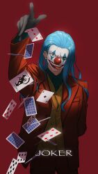 1boy absurdres arm_behind_back batman_(series) black_gloves blue_eyes blue_hair buggy_the_clown card collared_shirt commentary cosplay cowboy_shot dc_comics english_commentary floating_card formal gloves hair_slicked_back highres joker_(dc)_(cosplay) light_blue_hair long_hair looking_at_viewer makeup male_focus one_piece pants red_background red_lips red_nose rokurnshu003 shirt smile solo suit the_joker tongue tongue_out waistcoat 