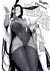 1boy 1girl 2023 age_difference animal_ears bare_shoulders black_leotard bow bowtie breasts child chinese_zodiac commentary_request covered_navel detached_collar fake_animal_ears fishnet_pantyhose fishnet_thighhighs fishnets greyscale hair_between_eyes happy_new_year heart hetero highres large_breasts leotard long_hair long_hair_between_eyes monochrome nakamura_regura new_year onee-shota original pantyhose playboy_bunny rabbit_ears rabbit_tail shorts strapless strapless_leotard tail thick_thighs thighhighs thighs very_long_hair year_of_the_rabbit rating:Sensitive score:230 user:danbooru