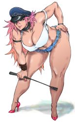  1girl ass bent_over blue_eyes blue_shorts bracelet breasts capcom cleavage collarbone curvy denim denim_shorts downblouse final_fight hand_on_own_hip hat hat_over_one_eye heart high_heels highres hip_focus huge_ass huge_breasts jewelry knees kyuraa_(kyura9een) leaning_forward legs lips long_hair nail_polish navel peaked_cap pink_hair poison_(final_fight) red_footwear riding_crop shirt shoes short_shorts shorts solo street_fighter street_fighter_iv_(series) tank_top thick_thighs thighs wristband  rating:Questionable score:68 user:kidbuu3