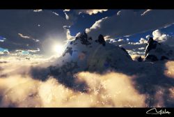 above_clouds artist_name blue_sky cloud day lens_flare letterboxed mountain no_humans original outdoors scenery signature sky snow sunlight waisshu_(sougyokyuu) rating:General score:2 user:AngryZapdos
