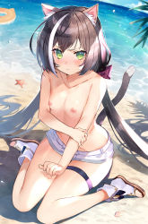&gt;:( 1girl abusoru animal_ear_fluff animal_ears ankle_boots beach black_hair blush boots bow breasts cat_ears cat_girl cat_tail cleavage closed_mouth collarbone day eyewear_on_head green_eyes grey-framed_eyewear hair_bow hand_on_own_arm highres innertube karyl_(princess_connect!) karyl_(summer)_(princess_connect!) long_hair looking_at_viewer low_twintails multicolored_hair nipples ocean on_ground princess_connect! purple_bow scowl seashell shell short_shorts shorts sitting small_breasts solo starfish streaked_hair sunglasses swim_ring tail thigh_strap toeless_footwear topless twintails two-tone_hair v-shaped_eyebrows very_long_hair wariza water white_footwear white_shorts rating:Questionable score:130 user:danbooru