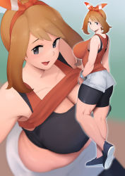 1girl ass bare_shoulders bike_shorts bike_shorts_under_shorts blue_eyes breasts brown_hair cleavage collarbone creatures_(company) game_freak highres kneepits large_breasts may_(pokemon) moebell nintendo open_mouth pokemon pokemon_oras shoes short_hair shorts sleeveless smile sneakers solo spandex sports_bra thick_thighs thighs white_shorts rating:Questionable score:73 user:JustHere4Butts
