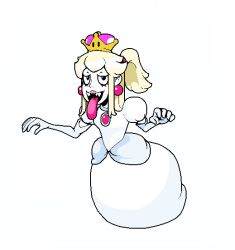  1girl artist_request black_eyes boo_(mario) colored_skin crown dress earrings elbow_gloves floating gloves jewelry lipstick looking_at_viewer makeup mario_(series) medium_hair new_super_mario_bros._u_deluxe new_super_mario_bros._wii nintendo open_mouth peachyboo ponytail princess puffy_short_sleeves puffy_sleeves short_sleeves simple_background solo super_crown teeth tongue tongue_out white_background white_dress white_gloves white_skin 
