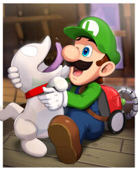 1boy ;d absurdres backpack bag blue_eyes blue_overalls blurry blurry_background border brown_footwear brown_hair collar colored_tongue commentary_request dog facial_hair full_body ghost gloves gonzarez green_headwear green_shirt hat highres indoors licking long_sleeves luigi luigi&#039;s_mansion luigi&#039;s_mansion:_dark_moon luigi&#039;s_mansion_dark_moon mario_(series) mustache nintendo one_eye_closed open_mouth overalls poltergust_5000 polterpup purple_tongue red_collar shirt shoes short_hair sitting smile tongue tongue_out vacuum_cleaner white_border white_gloves wooden_floor