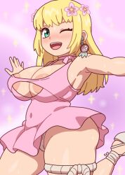  1girl areola_slip armpits arms_at_sides blonde_hair breasts covered_navel dr._stone dress earrings embarrassed eyebrows eyelashes female_focus foot_out_of_frame foot_up green_eyes happy jewelry kabeume kohaku_(dr._stone) large_breasts long_hair looking_at_viewer official_alternate_costume one_eye_closed open_mouth outstretched_arms panties pantyshot pink_background pink_dress plump short_dress shortstack simple_background sleeveless sleeveless_dress smile solo standing teeth thick_thighs thigh_strap thighs tongue underwear upper_teeth_only white_panties wide_hips 
