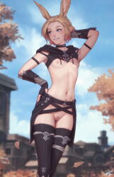  1girl animal_ears arm_behind_head arm_up artist_name black_choker black_gloves black_thighhighs blonde_hair blue_eyes blue_sky bracer breasts choker cleft_of_venus cloud commentary day english_commentary final_fantasy final_fantasy_xiv fingerless_gloves gloves gradient_hair grin hand_on_own_hip highres leaf looking_to_the_side mole mole_under_eye multicolored_hair navel nipples outdoors personal_ami pink_hair pussy rabbit_ears revealing_clothes sky small_breasts smile solo stomach thighhighs uncensored viera warrior_of_light_(ff14)  rating:Explicit score:101 user:danbooru