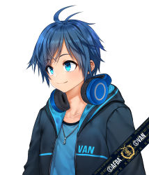 1boy absurdres afba blue_eyes blue_hair blush closed_mouth collarbone commentary commission english_commentary english_text hair_between_eyes headphones headphones_around_neck highres hood hood_down hoodie jewelry looking_away male_focus necklace original short_hair short_sleeves simple_background smile virtual_youtuber white_background