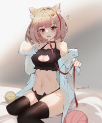  1girl animal_collar animal_ears animal_print belt blush breasts cat_ears cat_girl cat_lingerie cat_panties cat_print cat_symbol cat_tail cleavage_cutout clothing_cutout collar highres keyhole_bra looking_at_viewer medium_hair meme_attire navel open_clothes open_mouth open_shirt original panties pixiv print_panties red_eyes shirt short_hair signature sitting small_breasts socks solo solo_focus tail underwear white_shirt yamasede_neiko 