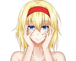  1girl alice_margatroid bad_id bad_twitter_id bare_shoulders blonde_hair blue_eyes closed_mouth collarbone hair_between_eyes hands_on_own_cheeks hands_on_own_face looking_at_viewer portrait smile solo touhou watarase_piro white_background yandere yandere_trance  rating:Sensitive score:17 user:danbooru
