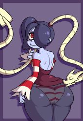 1girl ass blue_hair blue_skin cerealharem colored_skin detached_sleeves hair_over_one_eye highres huge_ass leviathan_(skullgirls) looking_back panties red_eyes see-through side_ponytail skullgirls smile squigly_(skullgirls) stitched_mouth stitches striped_clothes striped_panties underwear zombie rating:Questionable score:32 user:iceguy