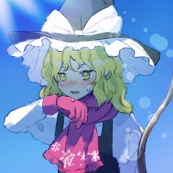 1girl black_dress black_hat blonde_hair bow dress exhausted gloves hat hidden_star_in_four_seasons hot kaigen_1025 kirisame_marisa pink_gloves pink_scarf scarf shirt sketch snowflake_print solo sun sweat touhou white_bow white_shirt winter_clothes witch_hat yellow_eyes