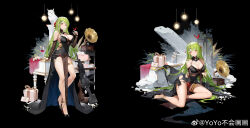  1girl absurdres anklet arm_under_breasts bare_legs bare_shoulders bird black_background black_bridal_gauntlets black_dress black_footwear box breasts bridal_gauntlets bug butterfly butterfly_on_hand cake cleavage cup detached_collar dress drinking_glass evening_gown faux_figurine flower food full_body gift gift_box girls&#039;_frontline green_hair grin gun hair_ornament hanging_light high_heels highres impossible_clothes impossible_dress insect jewelry large_breasts long_hair looking_at_viewer machine_gun mk48 mk48_(girls&#039;_frontline) multiple_views official_alternate_costume official_art owl pelvic_curtain phonograph pillar plant red_butterfly red_eyes red_wine sitting sleeveless sleeveless_dress smile spaghetti_strap standing strap_pull table teeth thighlet torn_bridal_gautlets torn_clothes torn_dress weapon weibo_logo weibo_watermark white_flower wine_glass yokozuwari yoyo_(550098) 