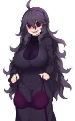 1girl @_@ ahoge alternate_breast_size bra breasts covered_erect_nipples creatures_(company) dress feet_out_of_frame frilled_sleeves frills game_freak hair_between_eyes hairband hex_maniac_(pokemon) highres holding holding_bra holding_clothes holding_underwear huge_breasts irokohaku lace lace_bra long_dress long_hair long_sleeves looking_at_viewer messy_hair nintendo no_bra open_mouth pokemon pokemon_xy purple_bra purple_dress purple_eyes purple_hair purple_hairband purple_shirt ribbed_shirt shirt sidelocks simple_background smile solo spider_web_print standing sweat turtleneck underwear unworn_bra very_long_hair wavy_mouth white_background rating:Questionable score:101 user:danbooru