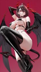  1girl absurdres ahoge alternate_eye_color arms_behind_head ass azur_lane baltimore_(azur_lane) bare_shoulders bikini black_bikini black_choker black_gloves blush boots breasts brown_hair choker commentary covered_erect_nipples demon_girl demon_horns demon_tail demon_wings dt_psyki elbow_gloves english_commentary from_below gloves heart high_heel_boots high_heels highleg highres horns large_breasts latex latex_bikini latex_boots latex_gloves leg_up navel parted_lips patent_boots patent_heels pumps red_background red_eyes shaded_face shoes short_hair simple_background solo standing standing_on_one_leg stiletto_boots stiletto_heels swimsuit tail thigh_boots wings  rating:Sensitive score:47 user:Aken_Bosch