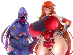  2girls akiyama_rinko bodysuit breasts cleavage_cutout clenched_hand clothing_cutout covered_navel curvy dress feet_out_of_frame female_focus gloves hand_on_own_hip highleg highleg_panties highres huge_breasts kamimura_maika long_hair looking_at_viewer multiple_girls panties partially_visible_vulva pelvic_curtain purple_eyes red_dress revealing_clothes simple_background skindentation smile standing string_panties taimanin_(series) taimanin_rpgx taimanin_suit taimanin_yukikaze thong underwear very_long_hair white_background wide_hips 