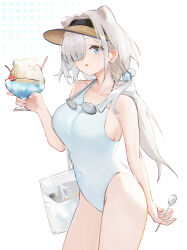 1girl :o absurdres animal_ears arknights aurora_(arknights) bear_ears bear_girl bear_tail blue_eyes breasts brown_hat casual_one-piece_swimsuit cherry cowboy_shot cup ema_(kuguiema) eyewear_around_neck food fruit hair_over_one_eye hat highres holding holding_cup holding_spoon ice_cream ice_cream_float long_hair medium_breasts one-piece_swimsuit sideboob solo spoon sunglasses swimsuit tail visor_cap wafer_stick white_hair white_one-piece_swimsuit  rating:Sensitive score:10 user:danbooru