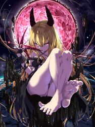  1girl absurdres ass bare_shoulders barefoot black_dress black_panties blonde_hair breasts commentary criss-cross_halter crossed_ankles dress feet full_moon hair_between_eyes halterneck hand_up highres horns knees_up konjiki_no_yami legs long_hair looking_at_viewer momiji_akiba moon panties partially_visible_vulva pink_eyes red_horns red_moon revealing_clothes sitting small_breasts soles solo spread_toes thighs to_love-ru to_love-ru_darkness toe_scrunch toenails toes tongue tongue_out underwear very_long_hair weapon  rating:Questionable score:16 user:danbooru