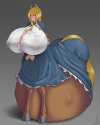 absurdres blonde_hair blue_eyes blush breast_expansion breasts bursting_breasts centaur coffeeslice covered_erect_nipples dress gigantic_breasts highres lactation lactation_through_clothes monster_girl pregnant taur wet wet_clothes rating:Questionable score:79 user:railbreaker