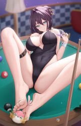  1girl 1other absurdres alternate_breast_size alternate_costume arayuki_(sakurafubuki) ball bare_legs barefoot beads belt billiard_ball black_leotard breasts brown_hair cleavage commentary_request covered_navel cue_stick cup earrings full_body green_eyes green_nails hair_between_eyes hair_bun hair_intakes hair_ornament hand_on_own_chest highleg highleg_leotard highres holding holding_cup honkai:_star_rail honkai_(series) huge_breasts jewelry leotard looking_at_viewer lying nail_polish on_back origami_bird_(honkai:_star_rail) playboy_bunny pool_table pouring pouring_onto_self ruan_mei_(honkai:_star_rail) sidelocks single_hair_bun skindentation smile solo_focus spread_legs table thigh_belt thigh_strap toenail_polish toenails toes white_wrist_cuffs wrist_cuffs 