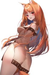 1girl :d alternate_costume animal_ear_fluff animal_ears ass bare_shoulders blush breasts brown_dress brown_hair commentary cowboy_shot curvy dress eyes_visible_through_hair floating_hair from_behind hair_intakes hair_over_shoulder happy highres hip_vent holo long_hair long_sleeves looking_at_viewer looking_back medium_breasts off-shoulder_dress off_shoulder open_mouth parted_bangs red_eyes shaoviie short_dress simple_background smile solo spice_and_wolf straight_hair tail thighs tsurime very_long_hair white_background wolf_ears wolf_girl wolf_tail  rating:Sensitive score:27 user:danbooru
