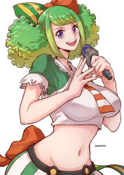  1girl :d ann_(one_piece) aosora2823 artist_name bow breasts commentary freckles green_hair hair_bow highres holding holding_microphone large_breasts looking_at_viewer microphone midriff multicolored_hair navel necktie one_piece one_piece:_stampede open_mouth purple_eyes short_sleeves simple_background smile solo striped_necktie two-tone_bow two-tone_hair white_background 