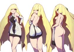  1girl absurdres ass back blonde_hair breasts commentary creatures_(company) dress english_commentary game_freak green_eyes highres long_hair long_sleeves looking_at_viewer lusamine_(pokemon) medium_breasts nintendo nipples nude penguru_086 pokemon pokemon_sm smile solo tight_clothes tight_dress undressing white_background  rating:Questionable score:184 user:Sakkuyuku