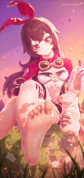  1girl amber_(genshin_impact) barefoot boots unworn_boots brown_eyes brown_hair crossed_legs feet genshin_impact goggles grass hand_on_own_thigh highres icecake long_hair looking_at_viewer shoes unworn_shoes sitting soles sunset toes  rating:Sensitive score:116 user:ssfl