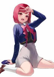  1girl :d arima_kana arm_up beret blue_hat blue_jacket blue_vest blunt_bangs bob_cut bow bowtie collared_shirt grey_skirt hand_up hat hat_bow inverted_bob jacket looking_at_viewer open_clothes open_jacket open_mouth oshi_no_ko red_bow red_bowtie red_eyes red_hair school_uniform shirt shoes short_hair sitting skirt smile socks solo thighs unworn_hat unworn_headwear vest  rating:General score:10 user:yuri2896