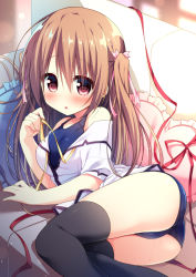1girl :o arm_support bare_shoulders black_thighhighs blue_one-piece_swimsuit blush breasts couch frilled_pillow frills hair_between_eyes hair_ribbon heart heart-shaped_pillow jacket light_brown_hair long_hair lying medium_breasts natsuka_(unagi-unagi-unagi) off_shoulder on_couch on_side one-piece_swimsuit original over-kneehighs parted_lips pillow pink_ribbon red_eyes red_ribbon ribbon school_swimsuit short_sleeves solo swimsuit swimsuit_under_clothes thighhighs very_long_hair white_jacket yellow_ribbon