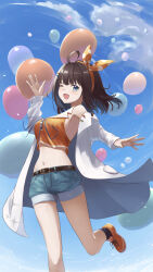  1girl :d \||/ absurdres ahoge armpits balloon bare_shoulders belt belt_buckle black_socks blue_eyes blue_ribbon blue_shorts blue_sky blush breasts brown_belt brown_hair buckle cloud commentary_request cropped_shirt cross-laced_footwear day denim denim_shorts dot_nose foot_out_of_frame from_below hair_ornament hairband hairclip hand_up highres jacket large_breasts leg_up long_sleeves looking_at_viewer looking_down medium_hair navel off_shoulder one_eye_closed open_clothes open_jacket open_mouth orange_footwear orange_hairband orange_ribbon orange_shirt outdoors outstretched_hand polka_dot polka_dot_ribbon ribbon shirt shoes short_shorts shorts sideboob sidelocks sky smile sneakers socks solo spread_fingers standing standing_on_one_leg star_(symbol) stomach tansui_san_(tcjp4784) thick_eyelashes thighs uni_create virtual_youtuber white_jacket zutsuki_tsukuru 
