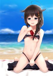 1girl :d adapted_costume afterimage ahoge bare_arms bare_shoulders barefoot beach_towel bikini bikini_pull bikini_top_lift black_bikini blue_eyes blue_sky blurry blurry_background blush braid breasts clothes_lift clothes_pull cloud convenient_arm day depth_of_field driftkingtw full_body hair_flaps hair_ornament hair_over_shoulder hair_ribbon hairpin half-closed_eyes heart highres kantai_collection kneeling lifting_own_clothes long_hair looking_at_viewer motion_lines naughty_face navel nipple_slip nipples nose_blush ocean open_mouth pulling_own_clothes red_ribbon ribbon shigure_(kancolle) shigure_kai_ni_(kancolle) sidelocks single_braid sky small_breasts smile solo stomach swimsuit tareme towel water water_drop wet rating:Questionable score:25 user:danbooru